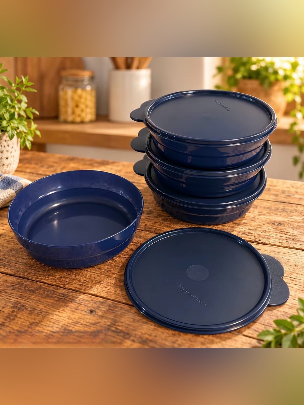 Tupperware Navy Blue Stackable Food Storage Bowls with Lids - Set of 4